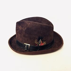 Vintage Hush Puppies Brown Fedora Trilby Hat Brushed Pigskin Suede Sz 7 Feather
